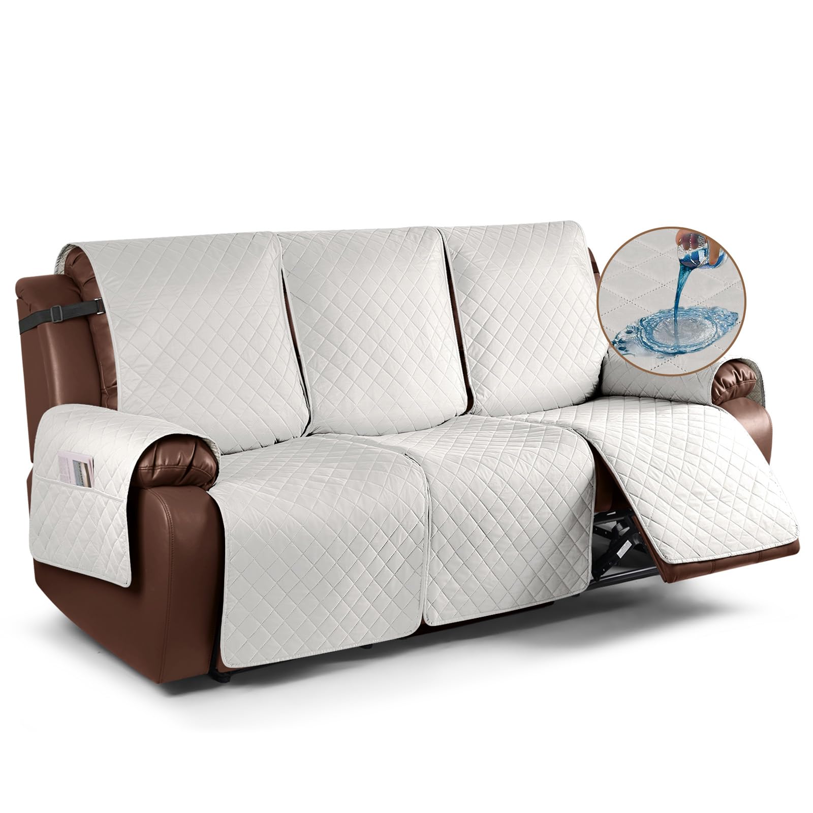 Photo 1 of KinCam 100% Waterproof Recliner Sofa Covers, Non-Slip Reclining Couch Covers for 3 Seat, Recliner Couch Cover Furniture Protector with Elastic Straps for Pets, Kids, Beige White