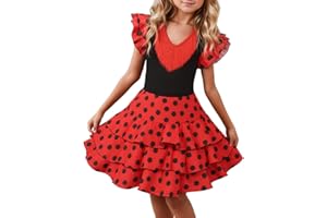 Girls Spanish Dance Dress Polka Dot Ruffle Sleeve Dresses Knee Length A Line Flowy Dress Spanish Traditional Outfits Perform