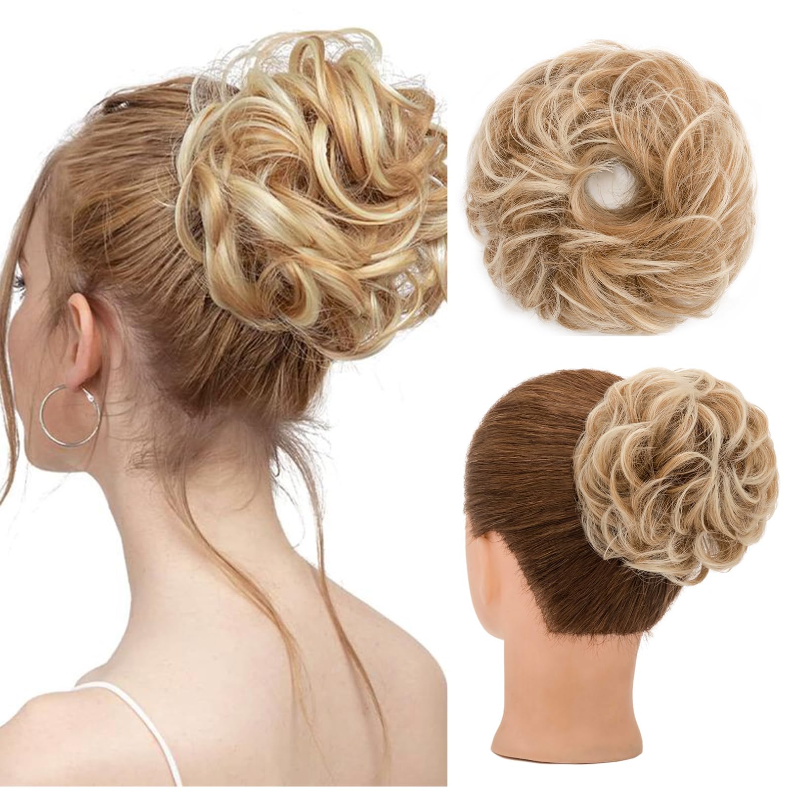 Messy Bun Hair Piece, S-noilite Curly Wavy Hair Bun Extensions Hair Chignons Wrap Ponytail Hairpieces Hair Scrunchies with Elastic Hair Band, 30g - Strawberry Blonde mix Platinum Blonde