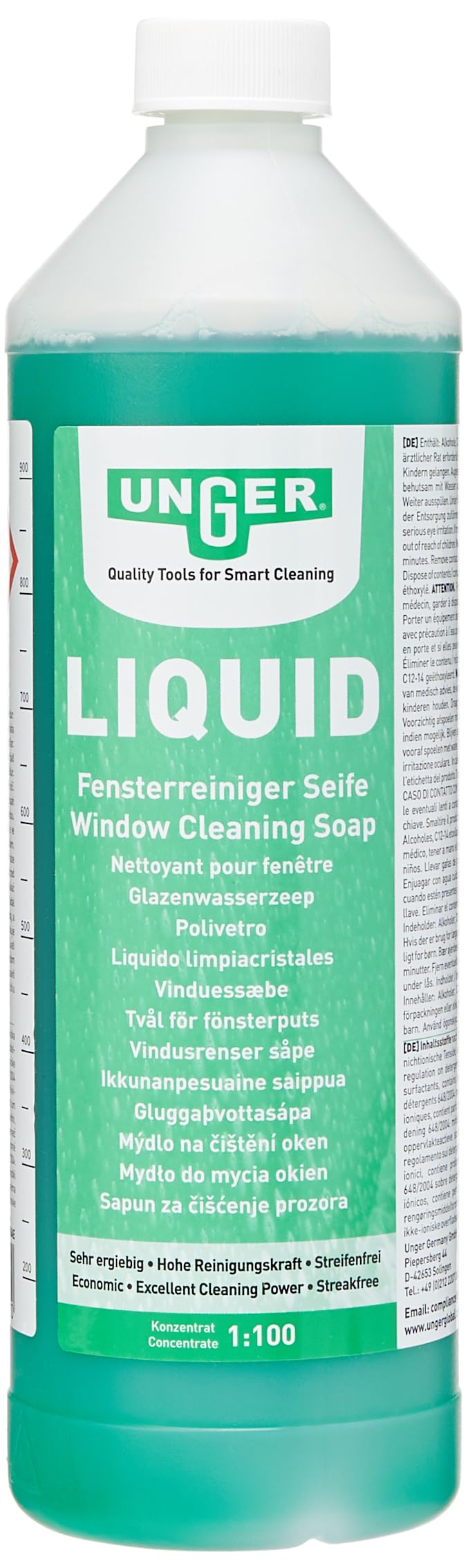 UNGER FR100 Window Cleaning Liquid Soap - Smear Free Window Glass Cleaner 1L - Economical 1:100 Mixing Ratio for 100 litres of Liquid