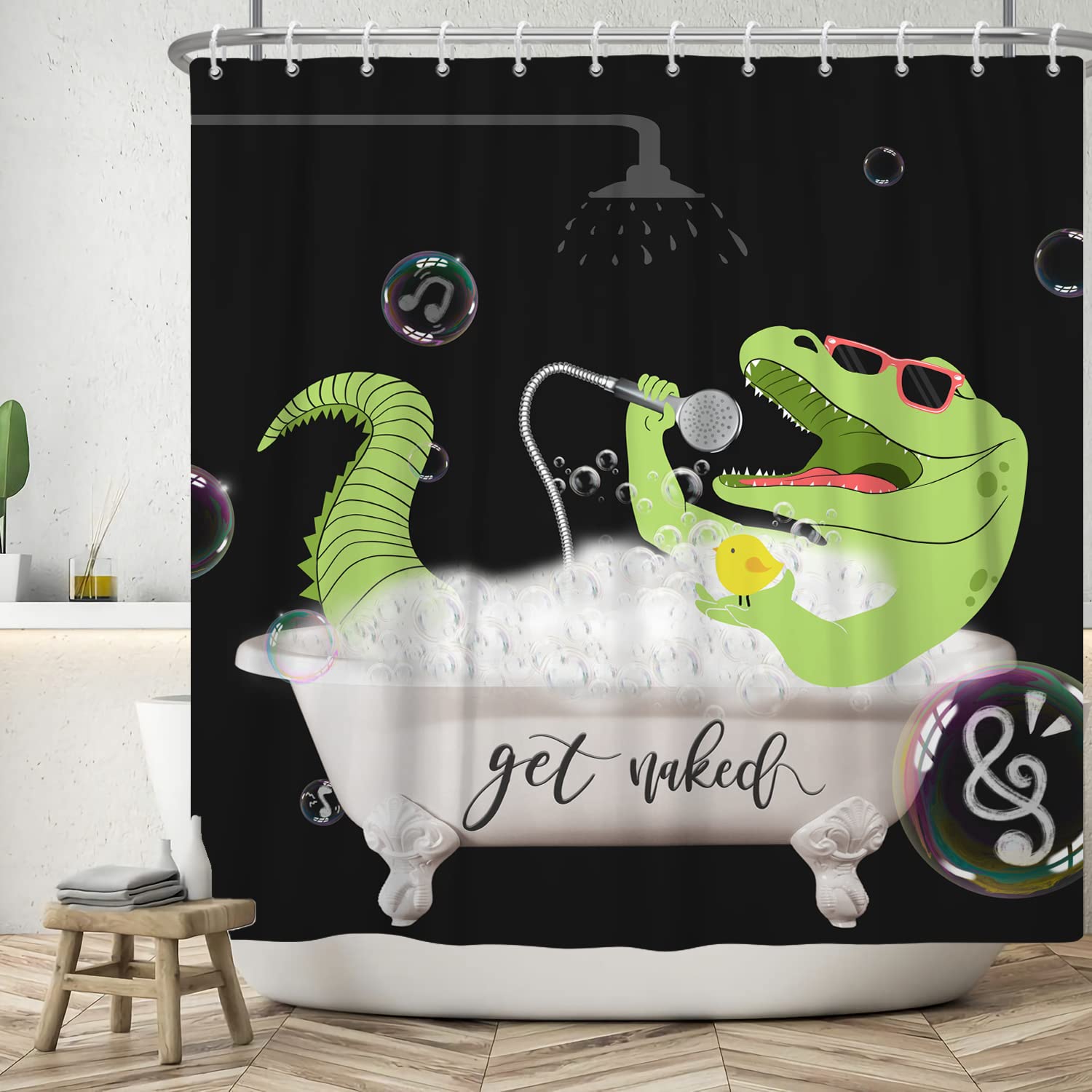 SDOTPMT 180x180cm Get Naked Shower Curtain Funny Green Dinosaur Showering in Bathtub Bath Curtain Cartoon Black Background Bathtub Curtain for Kids Bathroom Decor Polyester Fabric with Hooks