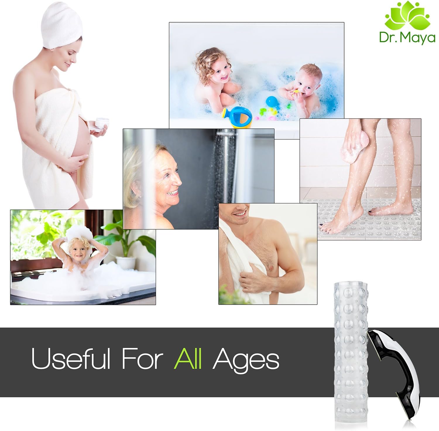 Grab Bars for Bathroom by Dr. Maya - Bath Support with Free Bath Mat - Suction Cup Grip Bar and Shower Handle for Bathtub - Assist Balance Handrail for Tub - Elderly, Seniors, Handicap, Disabled: Health & Personal Care