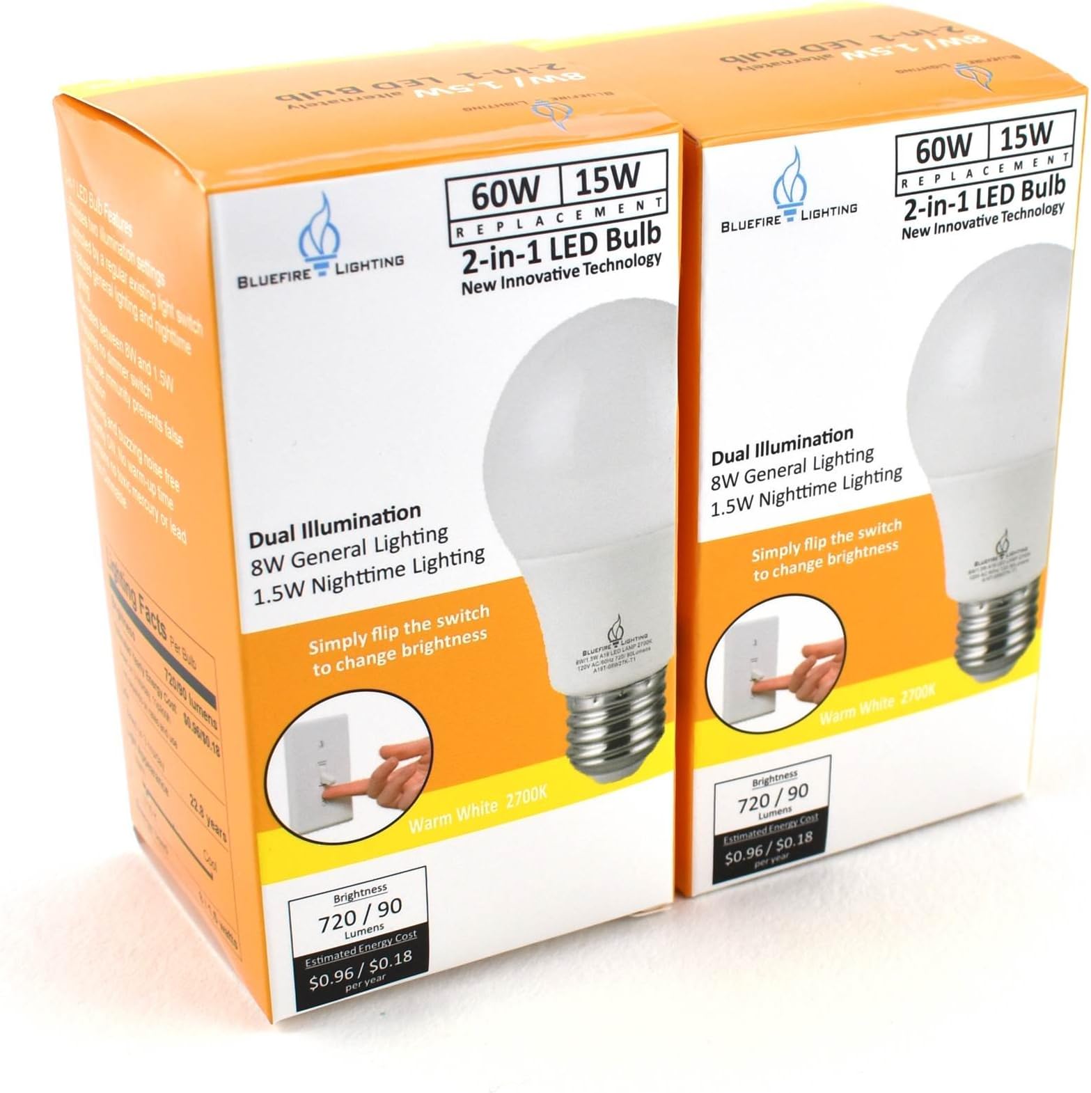 Bluefire Lighting - 2-Way LED Light Bulb Switchable Lighting, 60 Watt Equivalent (15W) / 8 Watt Equivalent (1.5W) Night Light, A19 - Warm White 2700K - 2 Pack