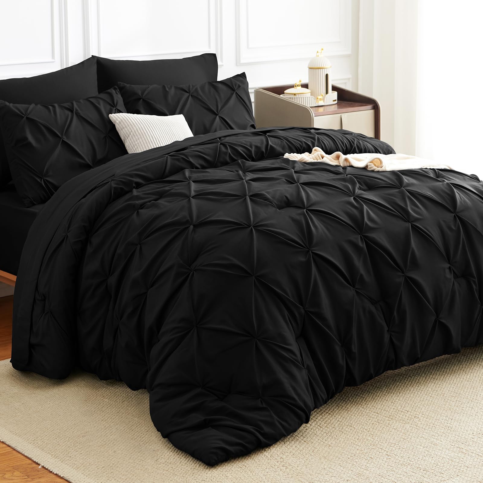 Photo 1 of HIMEET Queen Comforter Set 7 Pieces Bed in A Bag Black Luxury Soft Queen Size Bed Set Pintuck Pinch Pleat Bedding Sets with Comforter, Flat Sheet, Fitted Sheet and Pillowcases & Shams