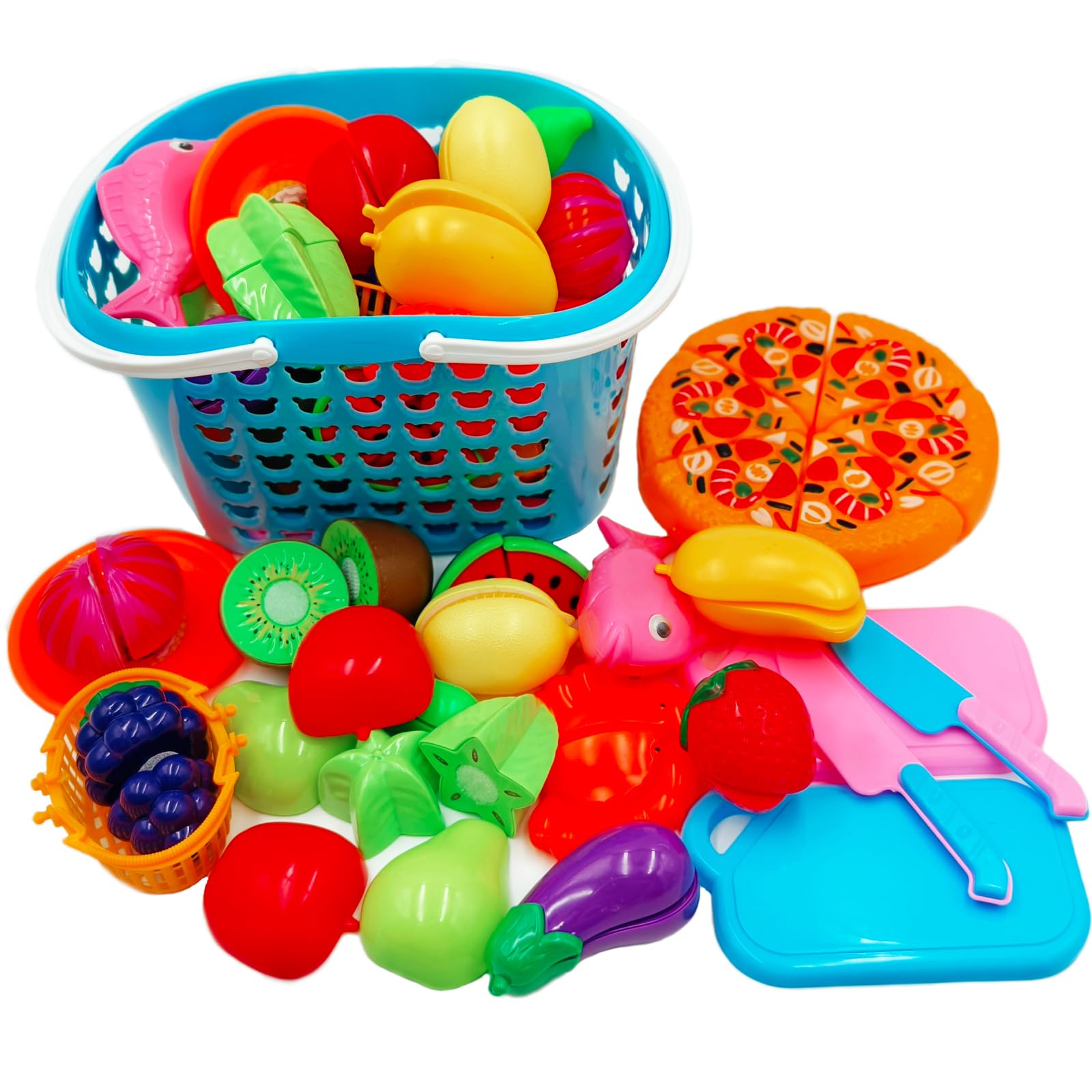 NIWWIN Kids Kitchen Toys with Slicing Pizza & Storage Basket - 40pcs Pretend Food Set, Ages 3+ Includes Cutting Tools — image 1