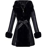 RISISSIDA Luxurious Women Winter Fur Lined Coat, Leather Jacket with Hooded Long Fur Collar, Thick Warm Heavy Overcoat Belted