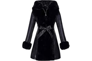 RISISSIDA Luxurious Fur Lined Leather Jacket Women Winter Coat with Hooded Long Fur Collar, Thick Warm Heavy Overcoat Belted