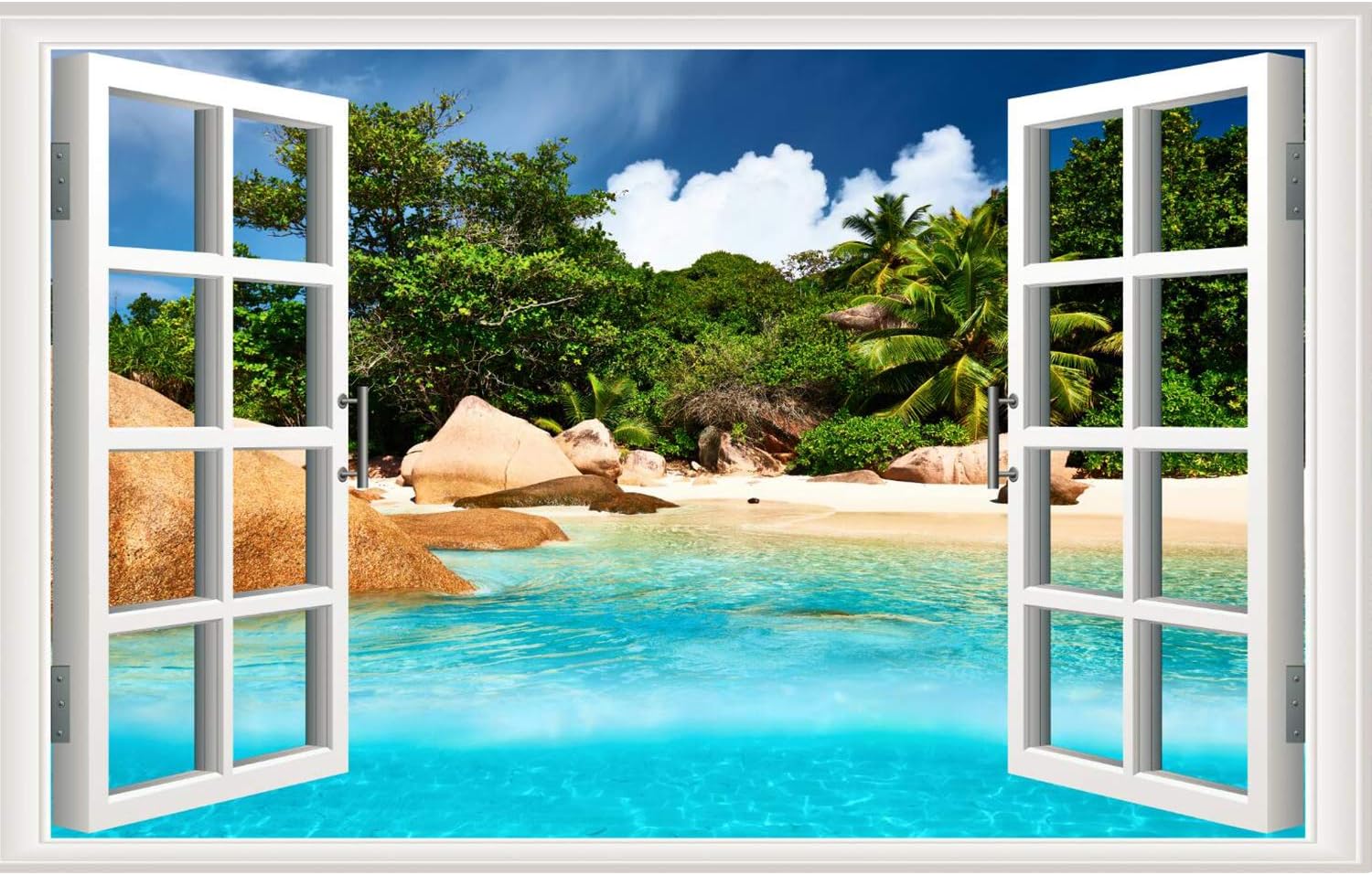 3D Faux Windows Wall Sticker Removable Beach Island Fake Windows Wall Sticker Vinyl Self-Adhesive Beach Landscape Palm Tree Wall Mural Stickers for Bedroom Living Room Decoration (Beach Island)