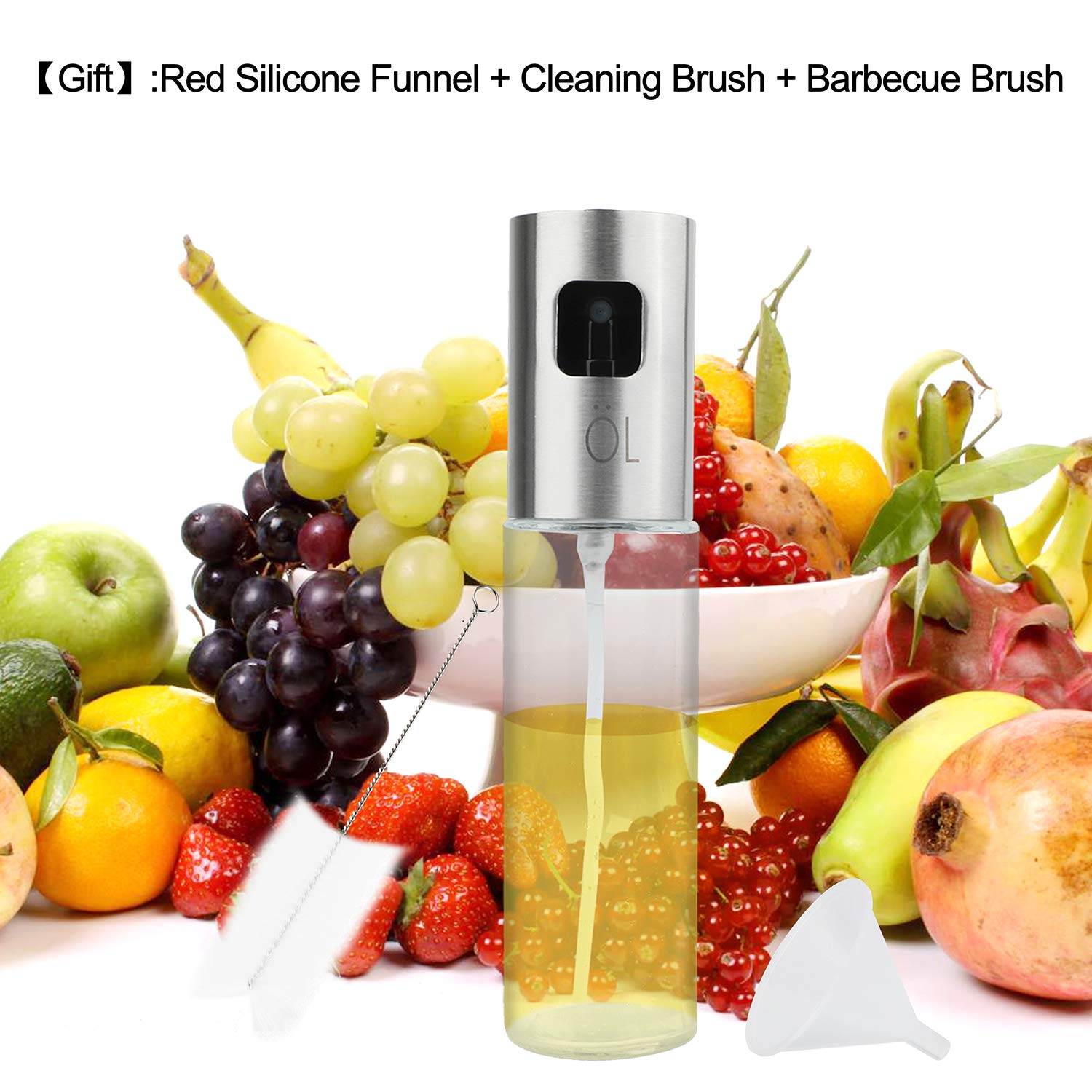 Oil Sprayer Dispenser Oil Spray Bottle Vinegar Sprayer/Dispenser with Plastic Funnel + Cleaning Brush Transparent Glass&Stainless Steel 100ml for BBQ,Frying,Baking,Salad
