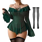 Foxiny Sheer Ruffle Long Sleeve Babydoll Lingerie Dress | Mesh Top-Inspired Dress: Off-shoulder sleeves, flared cuffs and ruffle hem; thong and stockings complete 3-piece set