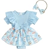 Madjtlqy Baby Girl Easter Outfit Ruffles Sleeve Bunny Carrot Printed Romper Dress with Headband Summer Clothes