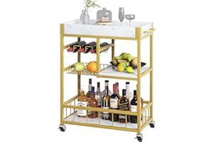 Azheruol Bar Cart 3 Tiers Removable Storage Tray with Wine Rack & Basket Tier,Rolling Beverage Cart,Mobile Bar Serving Cart with Handle, White Marble Wood and Gold Frame Home Kitchen Shelf for Party