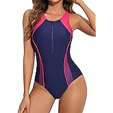 beautyin Women Front Zip One Piece Swimsuit Athletic Racerback Lap Bathing Suit