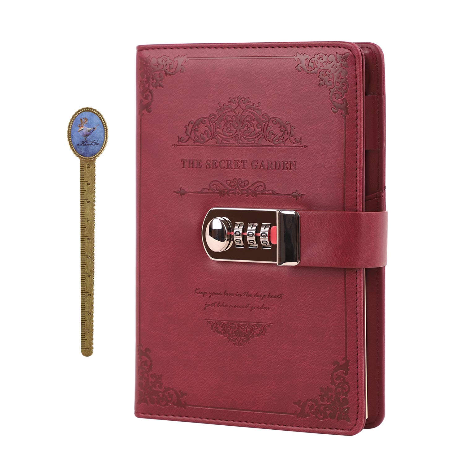 Vintage Embossed Leather PU Journal Diary Notebook with Password Lock 'Secret Garden' Daries Soft Pack Memo Book with Buckle Closure and Pen Holder, Red