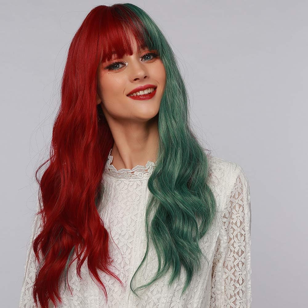 Esmee 22 Inches Women Synthetic Wigs Long Wavy Red/Green with Fluffy Air Bangs Light Cosplay Halloween Party Wigs - Image 4