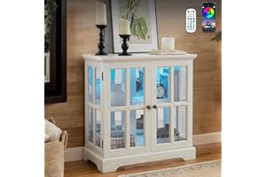 CKEASEAN 32" H LED Accent Curio Cabinet with 7 Color Lights for Collectibles, Modern Storage Cabinet with Tempered Glass Doors, Sideboard Buffet Case with Smartphone-Controlled Lights (White)