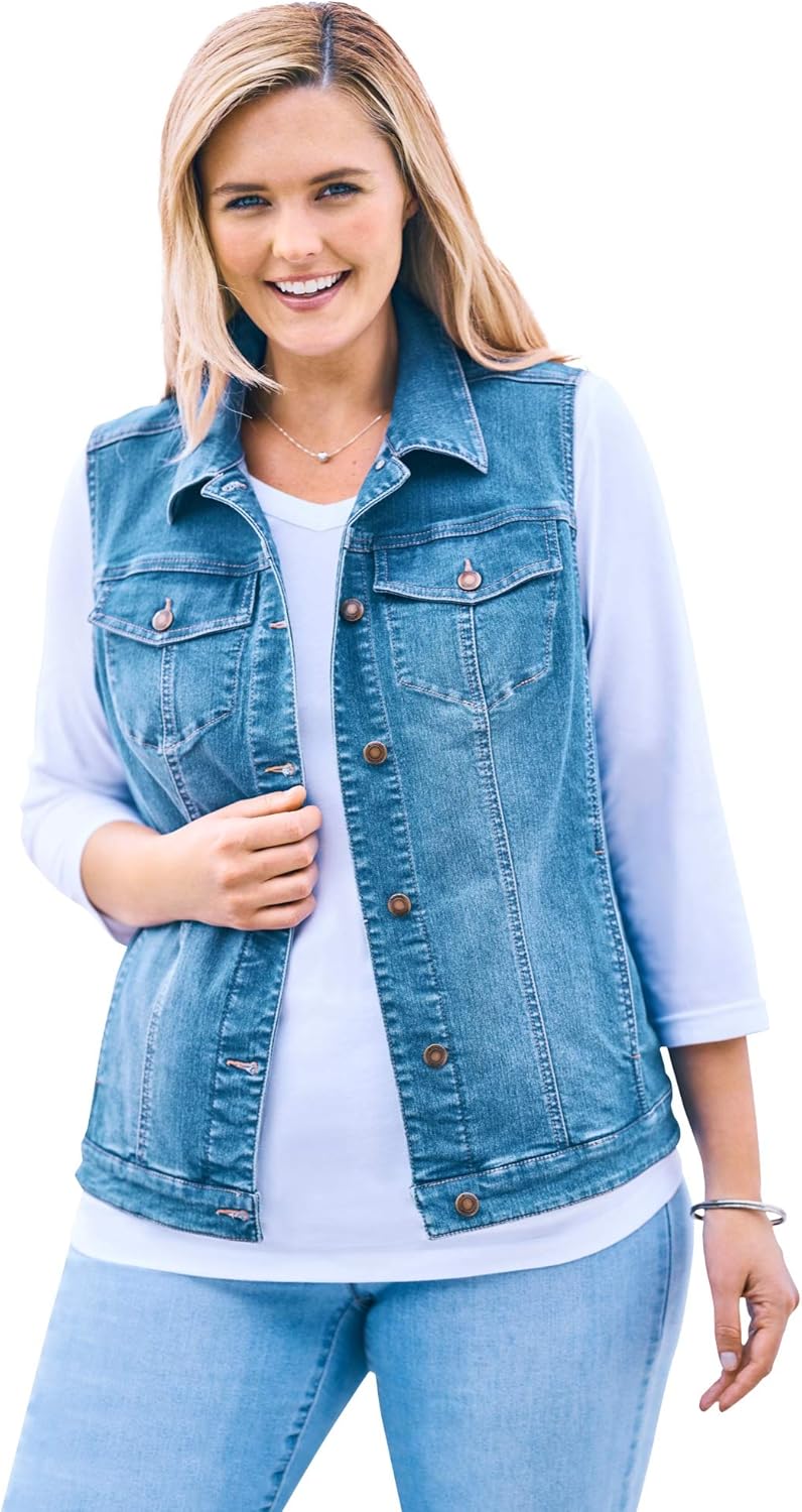 women's plus size white denim vest