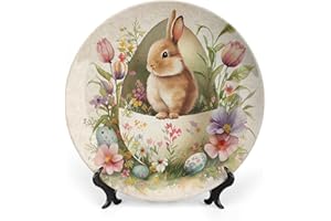 GOKAYS Vintage Rabbit Decorative Plates, Easter Bunny w/ Flower and Eggs Ceramic Plate, Wobble-Plate with Display Stand, Home Decor for Living Room Dining Room, Farmhouse Wall Hanging Round Plate Sign 8"
