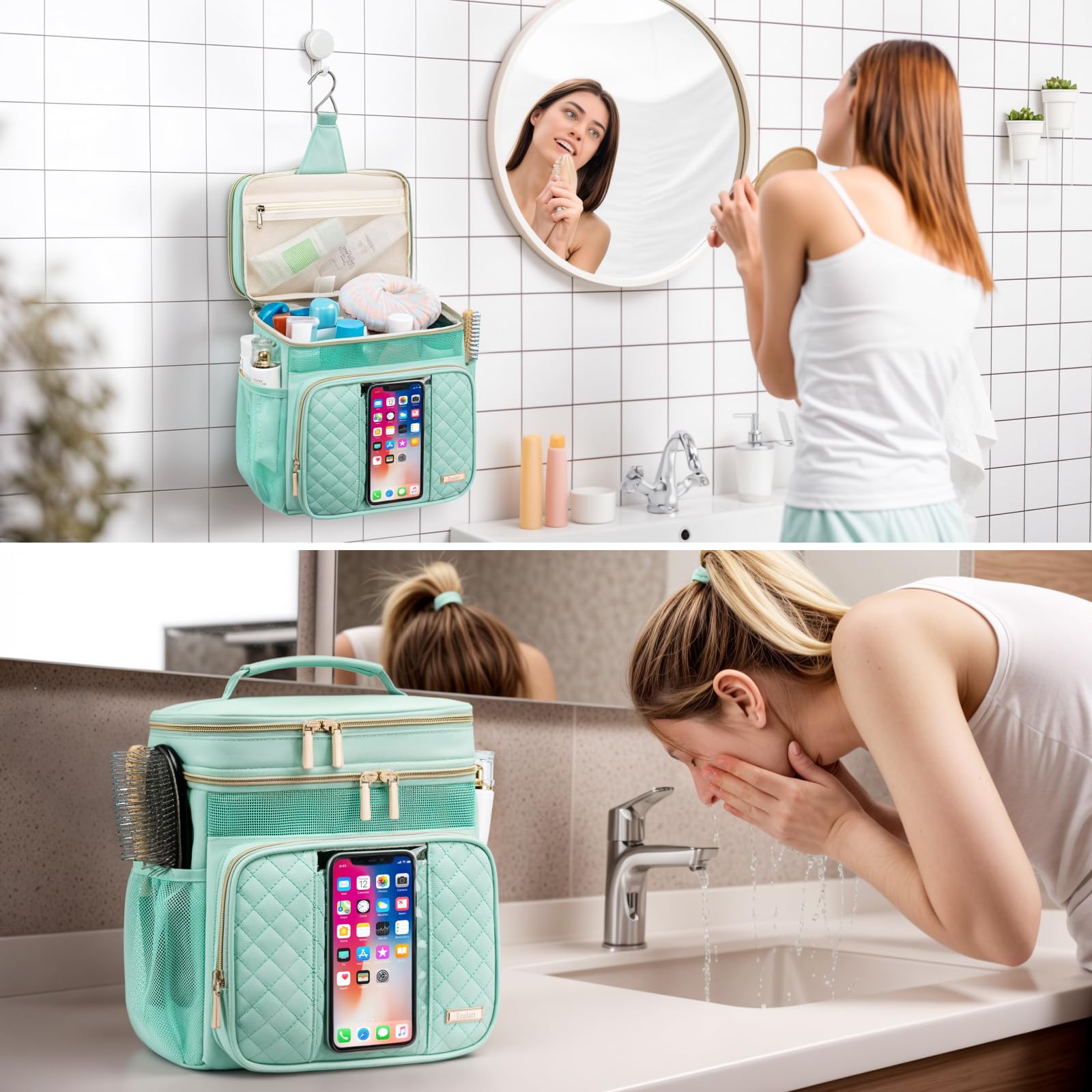 Tealari Large Toiletry Bag for Women Men,Bathroom Bag,Water Resistant Shower Bag,Makeup Bag,Portable Shower Caddy for College Dorm,Hanging Travel Toiletry Bag with Transparent Waterproof Phone Pocket