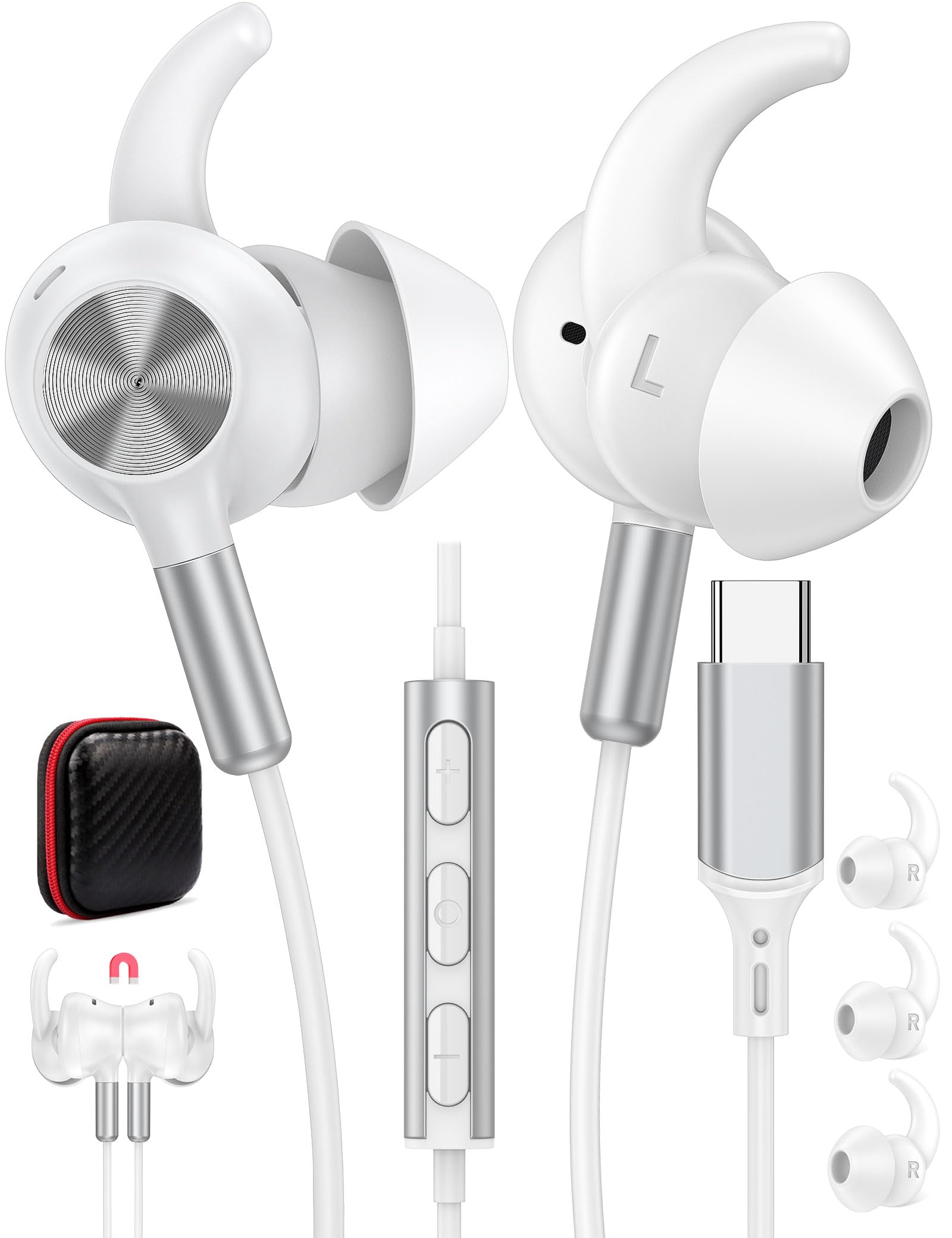 Photo 1 of Wired Earbuds USB Type C Headphone Anti-Loose Wingtip Noise Canceling In-Ear Earphone with Mic for iPhone 16e 16 Pro 15 Plus School Corded Headset for iPad Samsung A16 S25 Edge S24 Google Pixel 9a 9 8