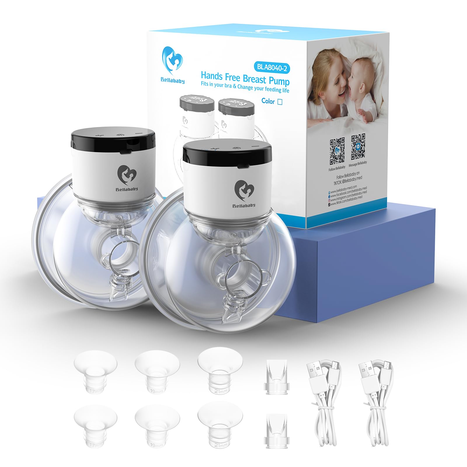 Bellababy Wearable Breast Pump, Portable Wireless Wearable Breast Pump with Touchscreen LCD Display 4 Modes & 6 Levels, (Extra Insert Size:17mm,19mm,21mm)