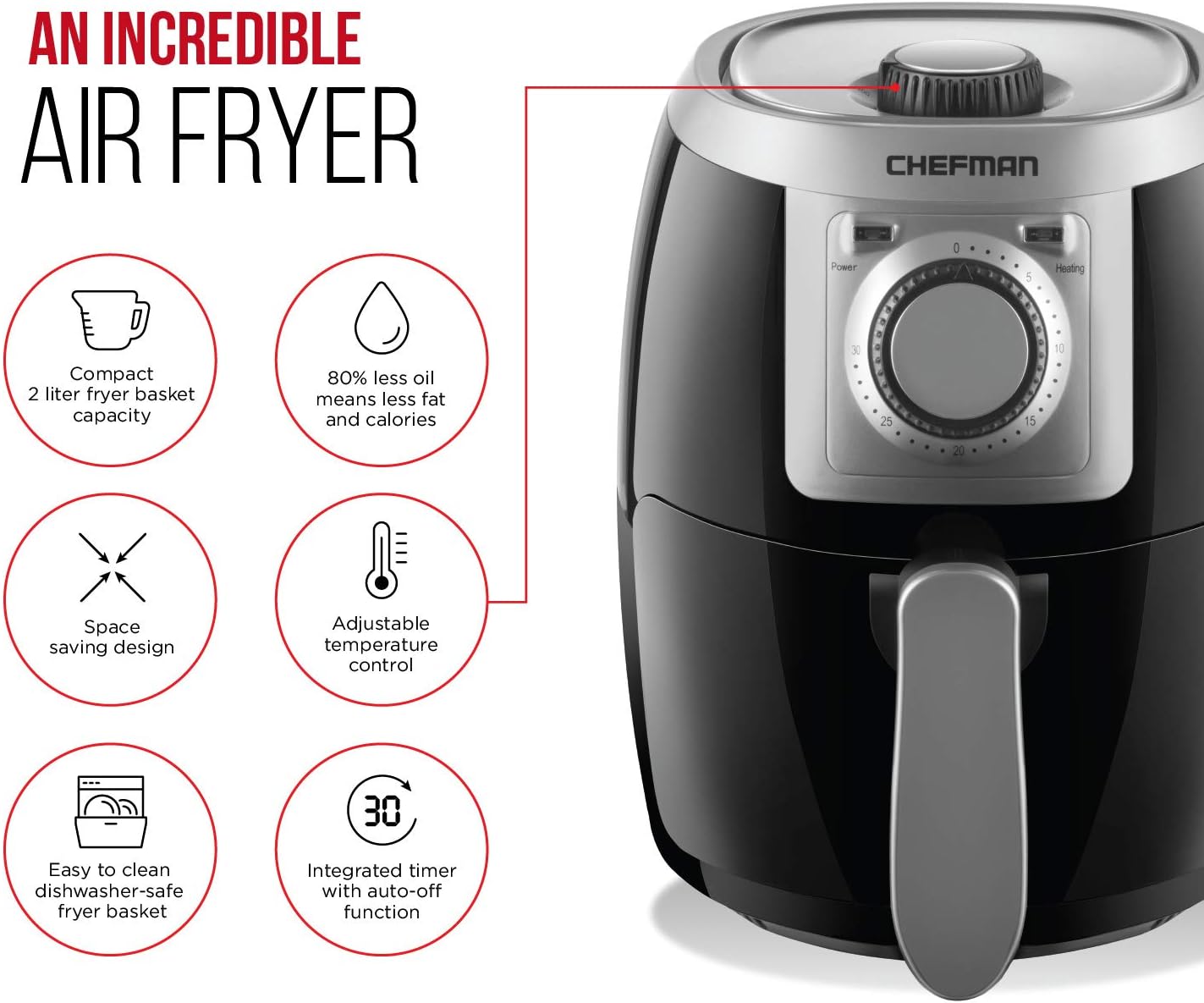 Chefman TurboFry 2 Quart Air Fryer, Personal Compact Healthy Fryer w/ Adjustable Temperature Control, 30 Minute Timer and Dishwasher Safe Basket, Black: Kitchen & Dining