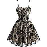 DRESSFO Women Floral Lace Overlay Tied A Line Cami Dress