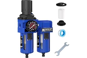 NEWPO 3/8" NPT Air Dryer System with Gauge,Compressed Air Regulator,5 Micron Brass Cartridge and 0.5 Micron Fiber Cartridge & Air Filter Regulator,Semi-Auto Drain,Poly Bowl,Metal Bracket-Blue