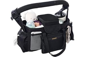 Momcozy Extra Large Stroller Organizer Max | with Food Grade Pacifier Teether Bag | 2 Insulated Cup Holder | Silicone Anti-Slip Straps | 3-Way Usage | Detachable Small Pouch | for UPPAbaby/Doona