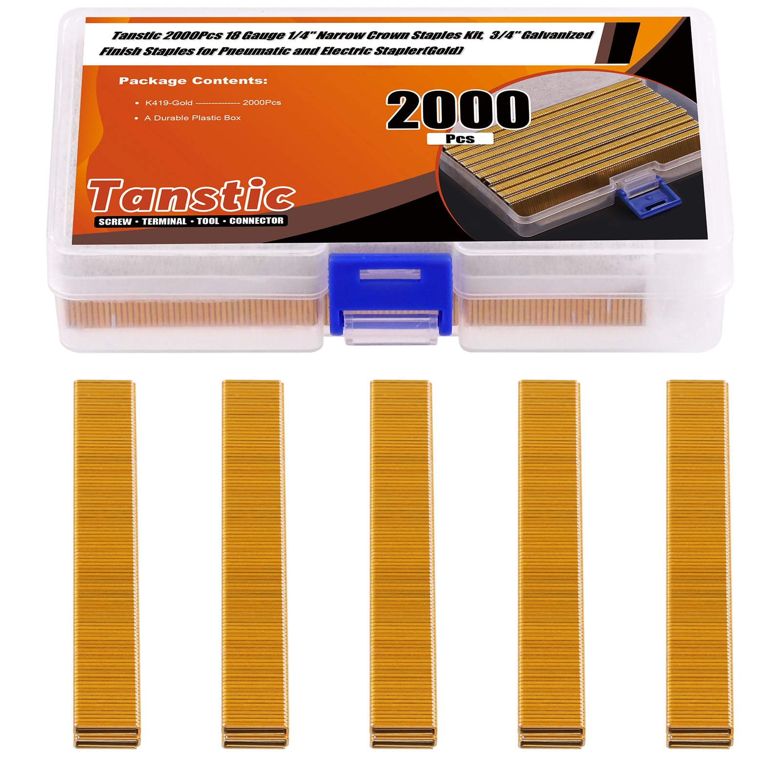 Tanstic 2000Pcs 18 Gauge 1/4" Narrow Crown Staples Kit, 3/4" Heavy Duty Galvanized Narrow Crown Finish Staples for Pneumatic Electric Stapler (Gold)