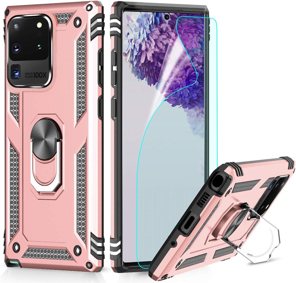 Case for Samsung galaxy S20 Ultra with Magnetic Ring Holder [1 Pack] HD Screen Protector, Full Body Protective Silicone Gel Tough Armour Phone Cover for Samsung galaxy S20 Ultra (S20 Ultra_Rose Glod)