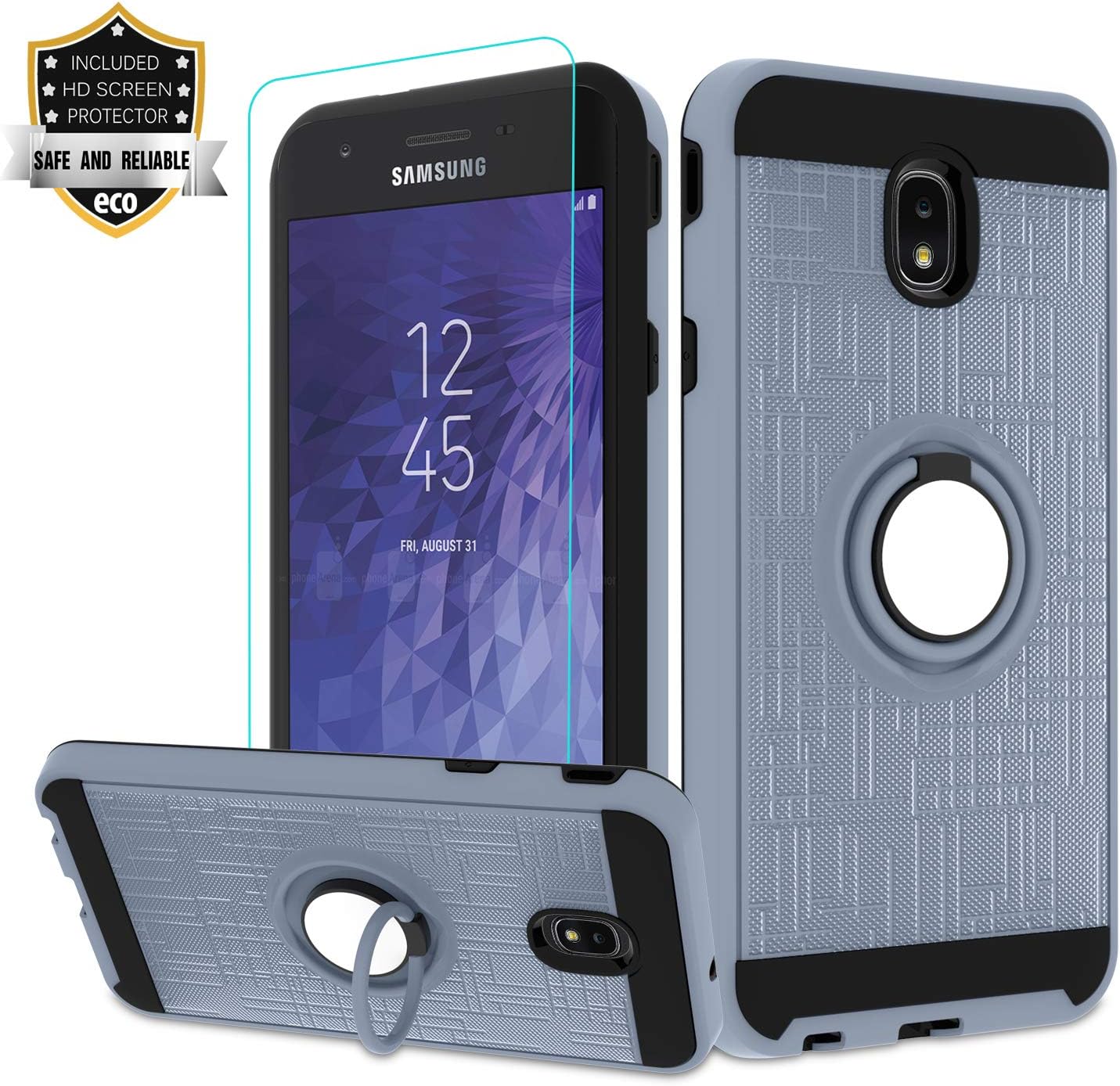 Galaxy J7 2018 Case with HD Screen Protector,Atump Ring Holder & Kickstand Bracket Phone Cover for Samsung Galaxy J7 Aero/J7 Top/J7 Crown/J7 Aura/J7 Refine/ J7 Eon /J7 Star/J7 2018 Metal Slate