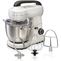 Hamilton Beach Electric Stand Mixer, 4 Quarts, Dough Hook, Flat Beater Attachments, Splash Guard, 7 Speeds with Whisk, White
