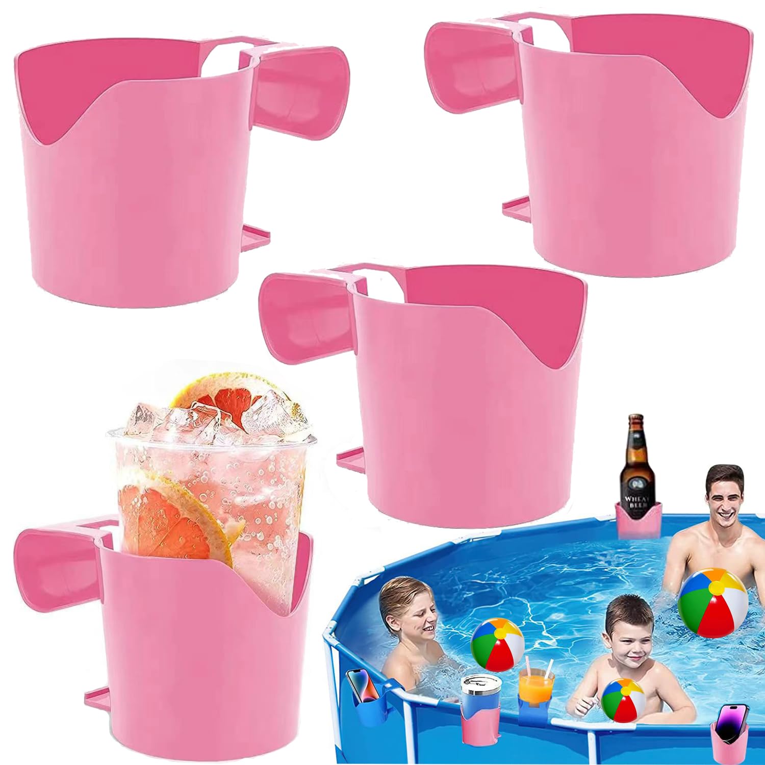 Poolside Cup Holder for Above Ground Pools, Swimming Pool Cup Holder for Drinks, No Spills Holder Clip, Easy to Hang, Only Fits 2 Inch Or Less Round Top Bar (Pink-4 Pack)