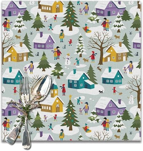 Amazon ランチョンマット おしゃれ プレースマット6点セット クリスマス冬の村雪の耐熱性滑り止めランチョンマット キッチンダイニングテーブル感謝祭 クリスマス12 X 12インチ ランチョンマット オンライン通販