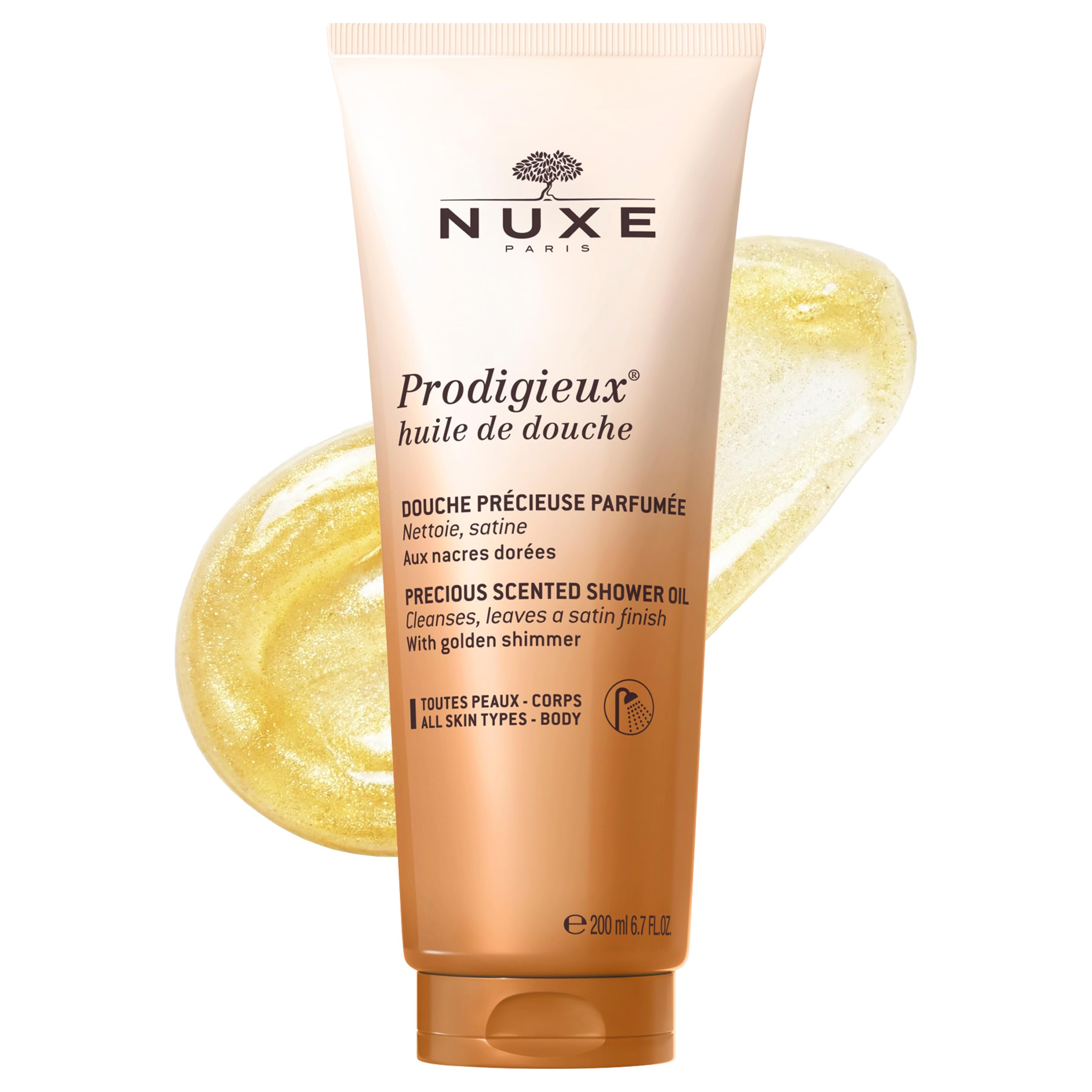 Nuxe Prodigieux Shower Oil 200ml, Golden Pearly Shower Oil, Gently Cleanses & Leaves Skin Fragrant & Satiny Soft, With Huile Prodigieuse Scent, Vegan Formula