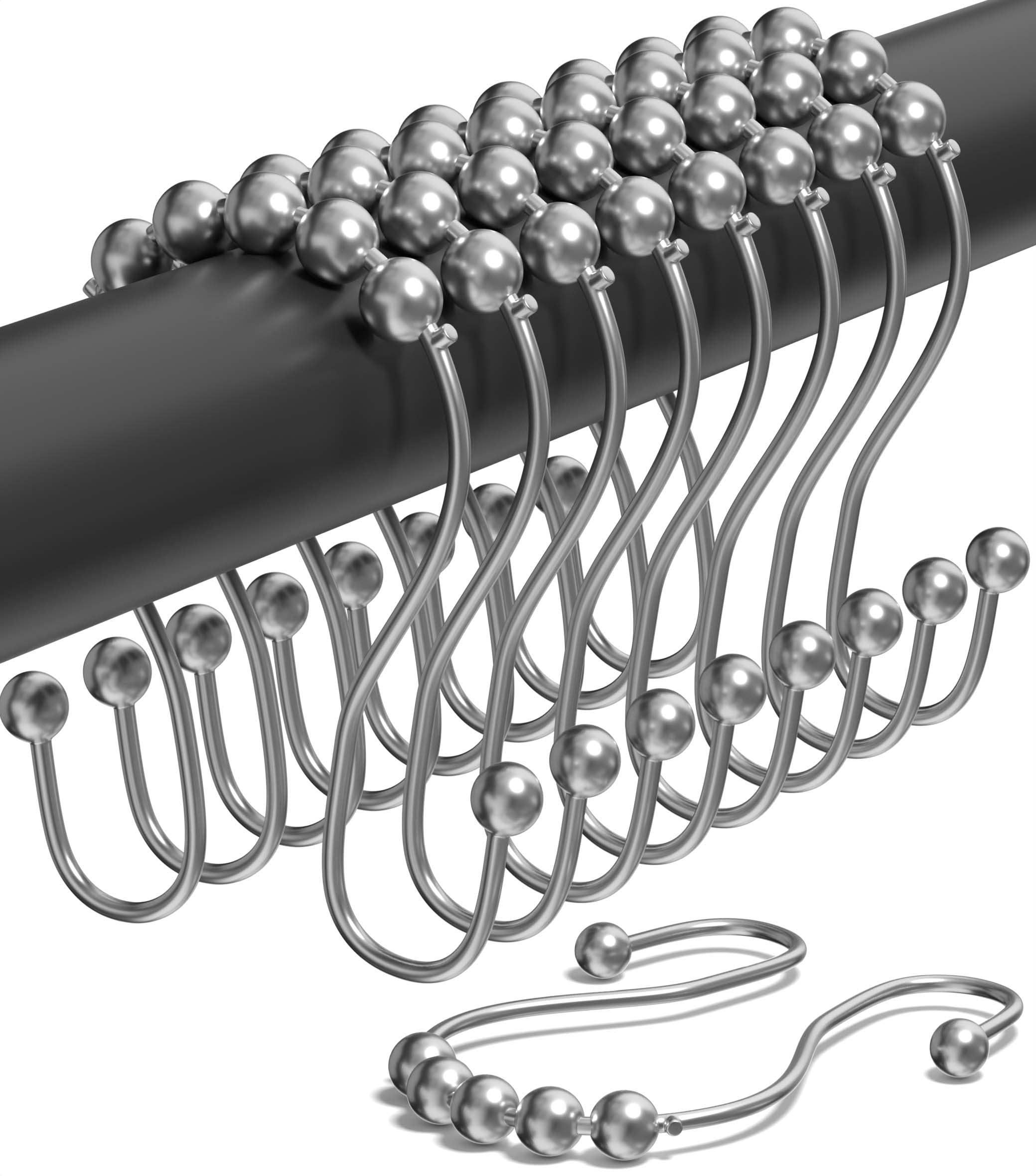 Shower Curtain Hooks Rust Proof (Set of 12) - Stainless Steel Shower Curtain Rings - Anti Slip Roller Balls for Easy Glide (Omega Double Hooks, Chrome)