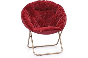 MoNiBloom Round Folding Faux Fur Saucer Chair for Bedroom Living Room Dorm Courtyard Foldable Metal Frame Oversized Large Comfy Furry Padded Soft Lounge Lazy Cozy Moon Chair for Adults (Burgundy)