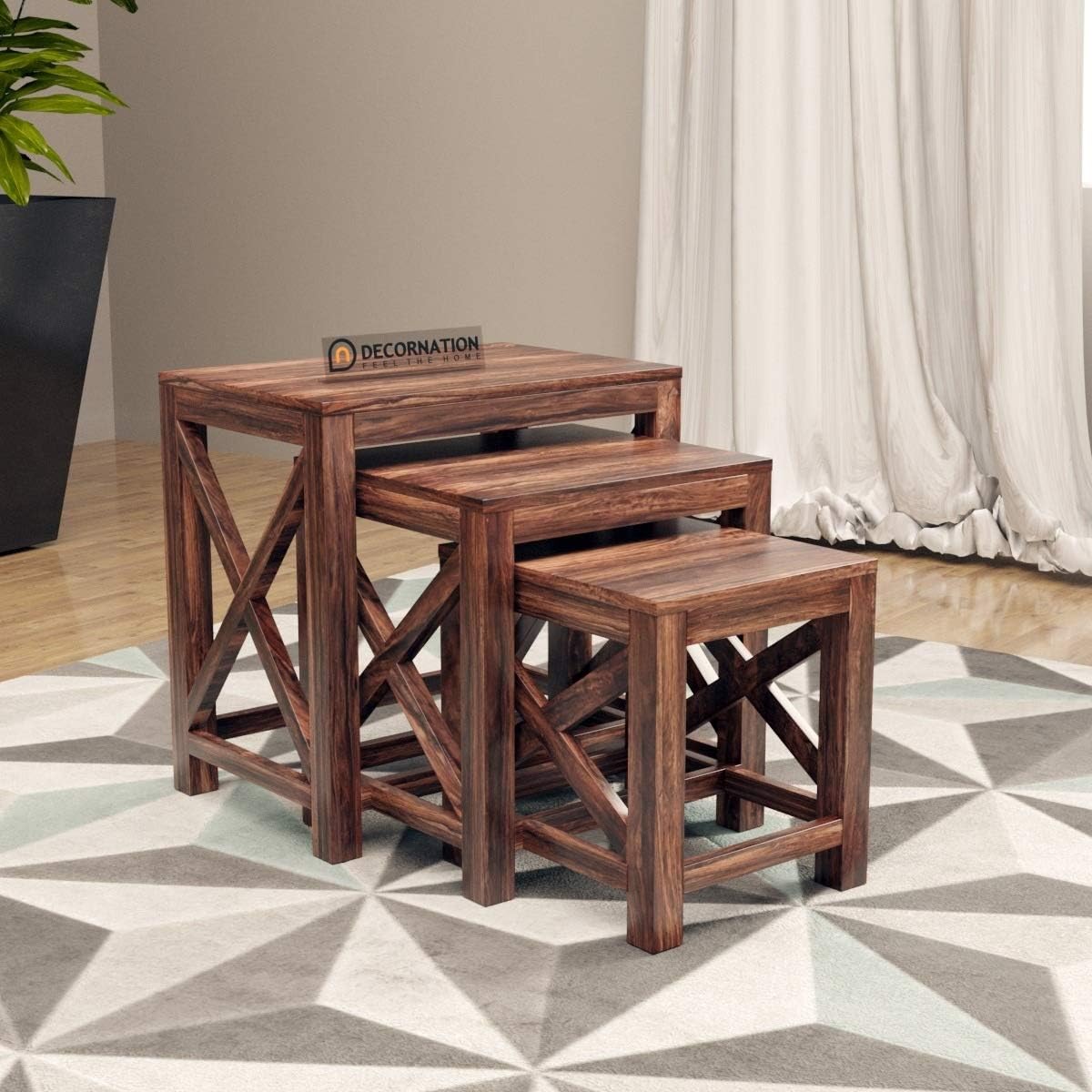 DecorNation Jessica Solid Wood Nesting End Side Tables for Leaving Room (Set of 3, Brown)