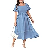 Plus Size Maxi Dresses for Curvy Women Short Sleeve Square Neck Smocked Flowy Formal Wedding Guest Dress Lace Trim
