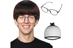 JoneTing Bowl Cut Wig 【+Hair Cap+Glasses】 Mushroom Wig for Men Funny Wigs Short Brown Bob Wigs for Halloween Party Short Brown Hair for Mens Nerd Hairs for Chrismas Cosplay Party