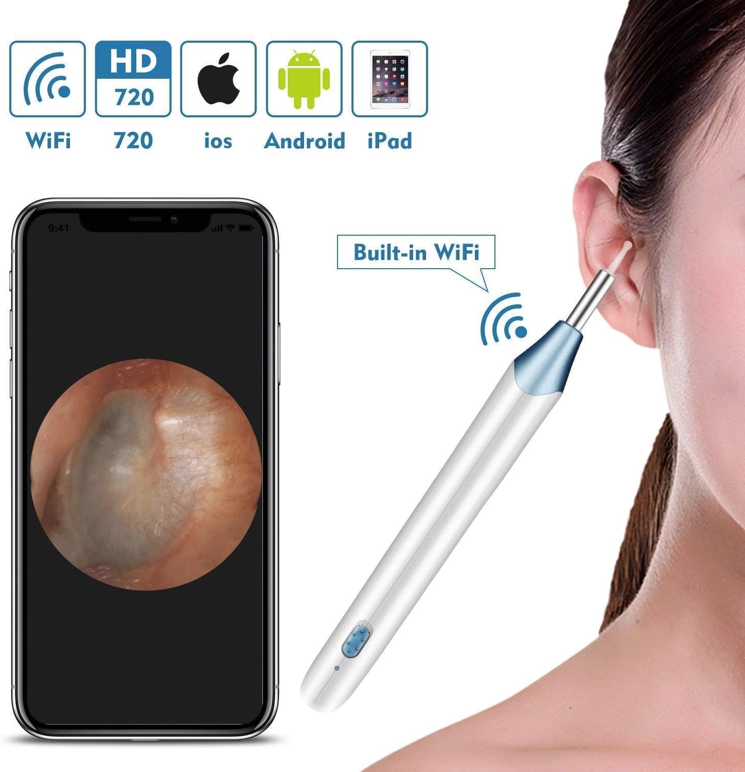 Wireless Otoscope, WiFi Earwax Removal Tool With Camera, Ear Cleaning Endoscope with 6 LED Lights, for IPhone, Android, IPad, to Inspection Ear Scope/Ear Canal/Eardrum, Dir 5.5mm
