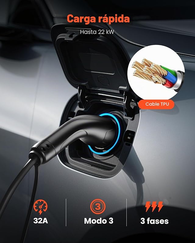 Cable de Carga para Vehículos Eléctricos, 32 A, 10 m, máx. 22 kW, Alargador, Compatible con Cargadores de Vehículos Eléctricos Tipo 2, Trifásico CA 480 V 50 Hz, IP65, con Bolsa de Transporte — foto 4 de 8