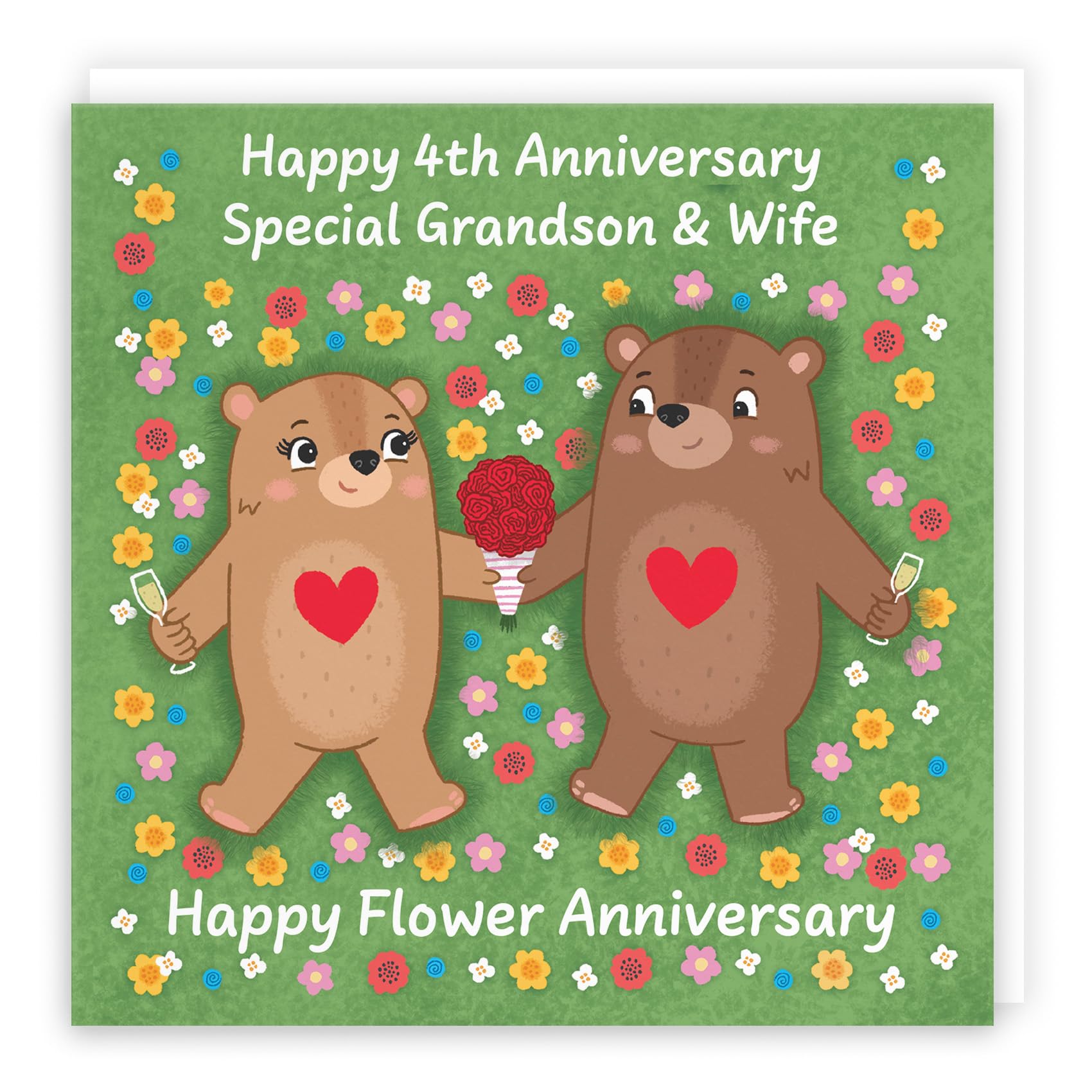 Hunts England - Grandson And Wife 4th Anniversary Card - Flower Anniversary - Fourth Anniversary - 4 Years - Cute Fun Bears Card - Love Story Collection