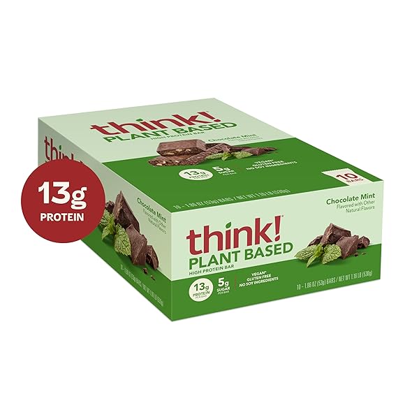 THINK! VEGAN/PLANT BASED HIGH PROTEIN BARS – CHOCOLATE MINT, 13G PROTEIN, 5G SUGAR, NO ARTIFICIAL SWEETENERS, NON GMO PROJECT VERIFIED, 10 COUNT (PACKAGING MAY VARY)