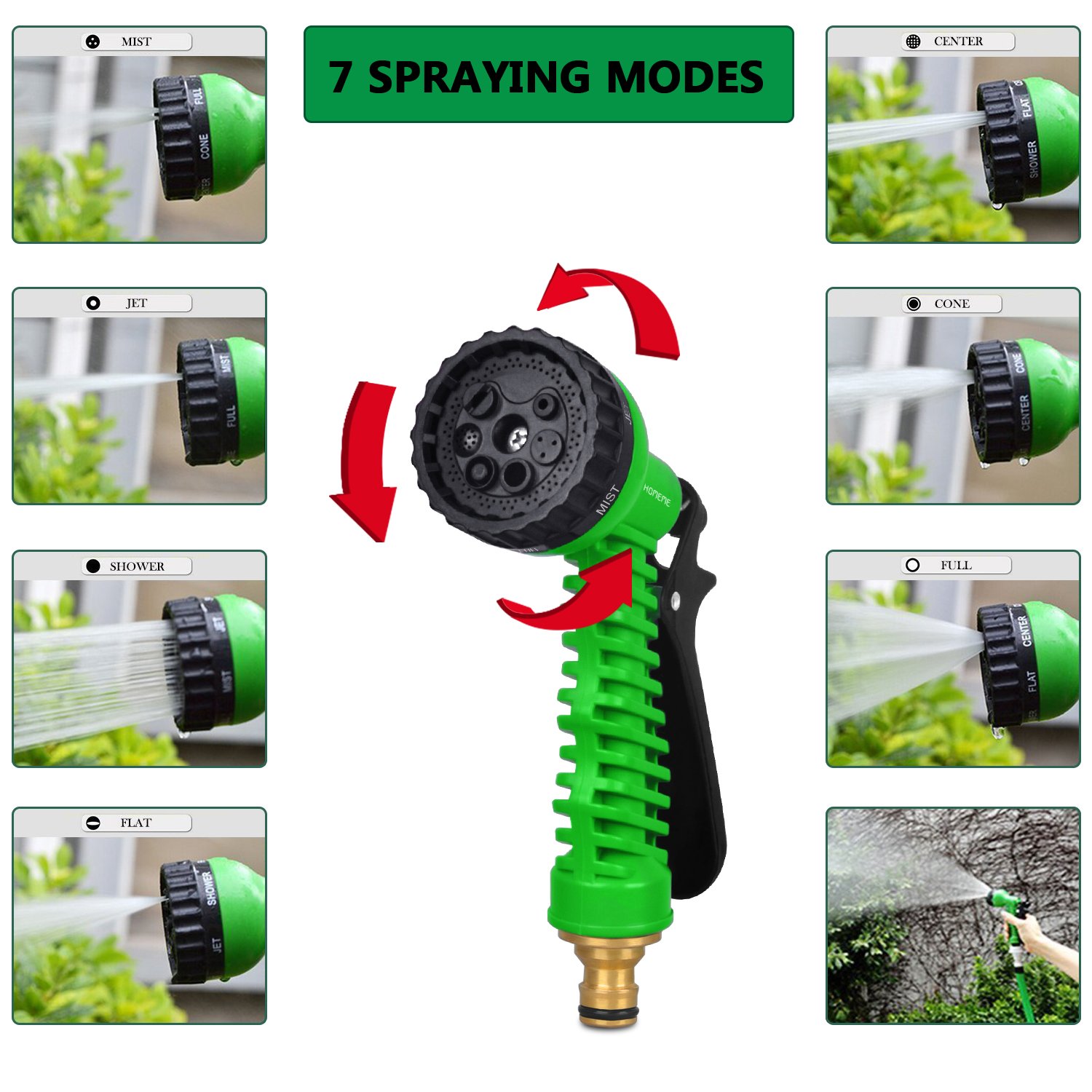 Homeme Tuyau d\'arrosage - 100 Feet Extensible Tuyau d\'arrosage Flexible Tuyau d\'eau, Raccords de Tuyauterie en Laiton Massif et Pistolet de Pulvérisation à 7 Modes de Buses - Vert