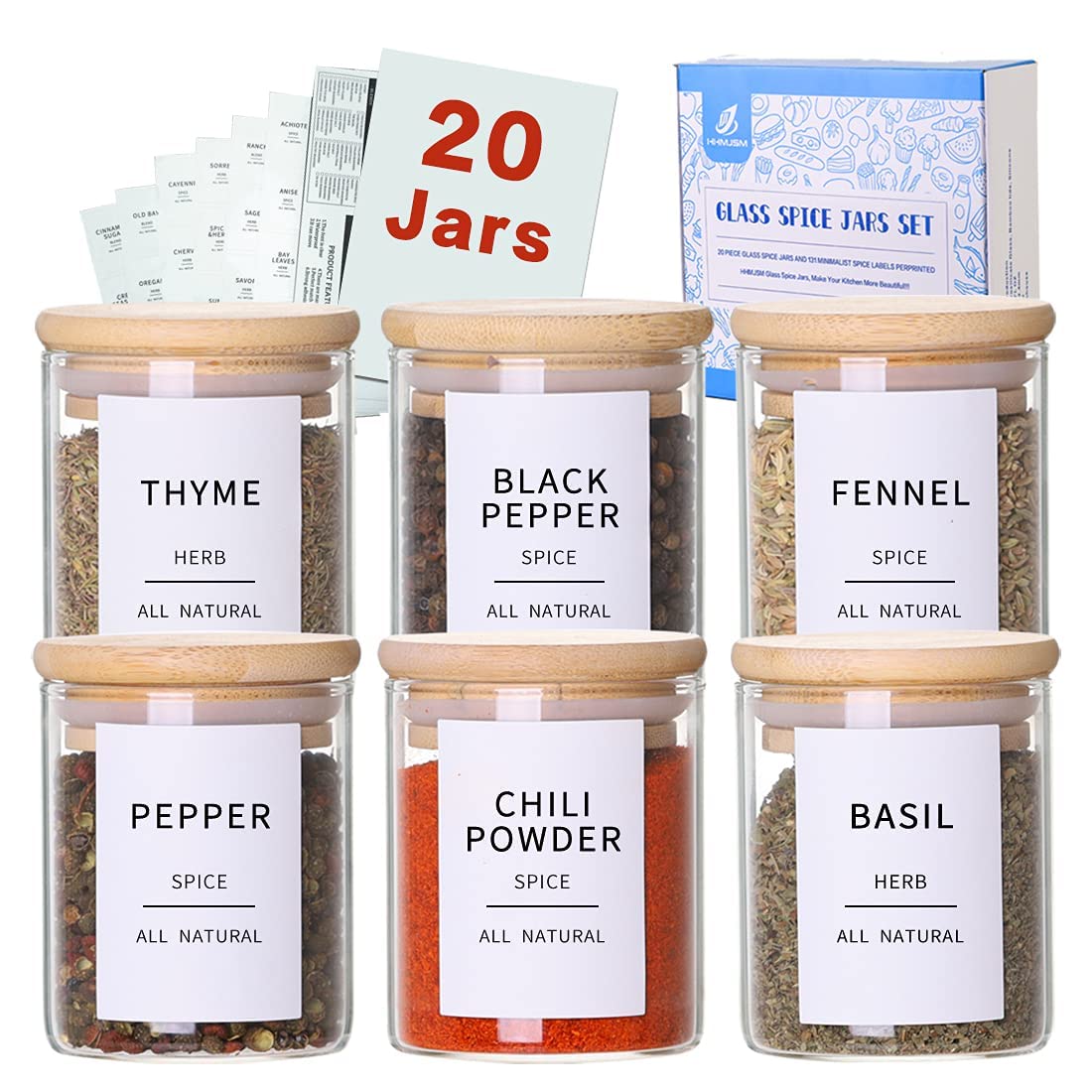 Photo 1 of Glass Spice Jars with Bamboo Lids - 20 Pcs Thicken(2.4mm) 4oz Airtight Seasoning Containers with 131 Waterproof Minimalist Spice labels Preprinted - Small herb Jars for Pantry Organization and Storage