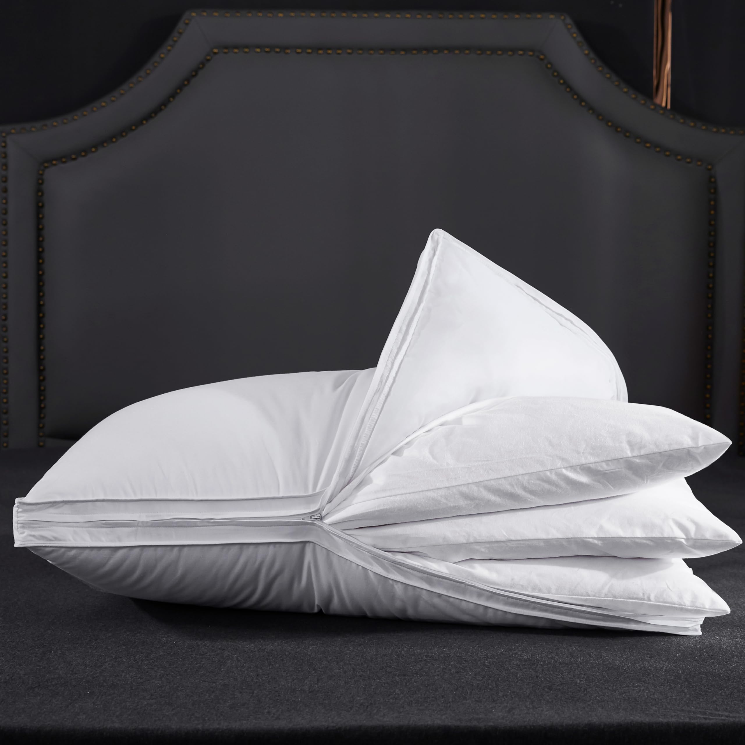 Photo 1 of Three Geese Adjustable Layer Goose Feather Pillow,Assemblable Bed Pillow,100% Soft Organic Cotton Cover,Good for Side and Back Stomach Sleeper, Queen Size,Packaging Include 1 Pillow1