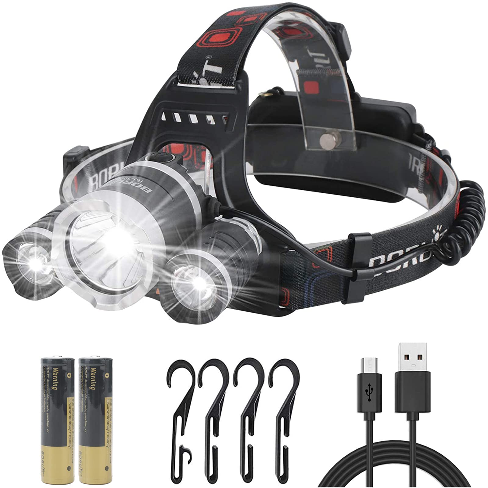BORUIT RJ-3000 Rechargeable Head Torch with 3 White Lights,6000 Lumens Super Bright 4 Modes LED Headlight, Flashlight Headlamp with 4 Clips for Running, Camping, Fishing, Cycling, Hiking