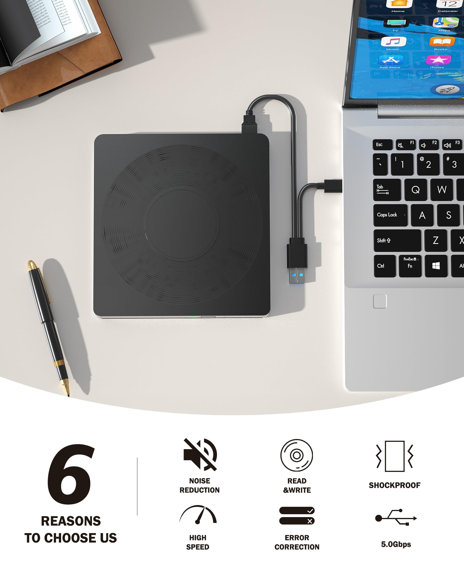 5 in 1 External DVD Player For Laptop with LightScribe DVD Burner CD Rom External CD/DVD Drive For PC Usb 3.0 External DVD Drive, DVD Reader Disc Player Fit for Windows XP/7/8/10/11 Mac Laptop Desktop